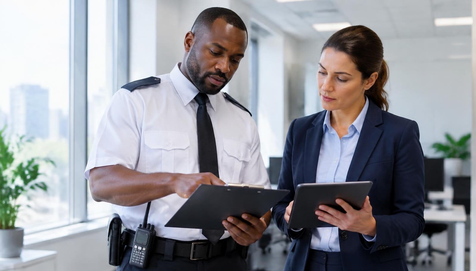 A security supervisor and a client manager reviewing a written site security plan together