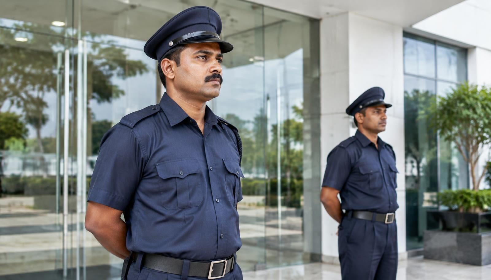 Two uniformed Surat Security Group guards standing alert at the entrance of a corporate office building