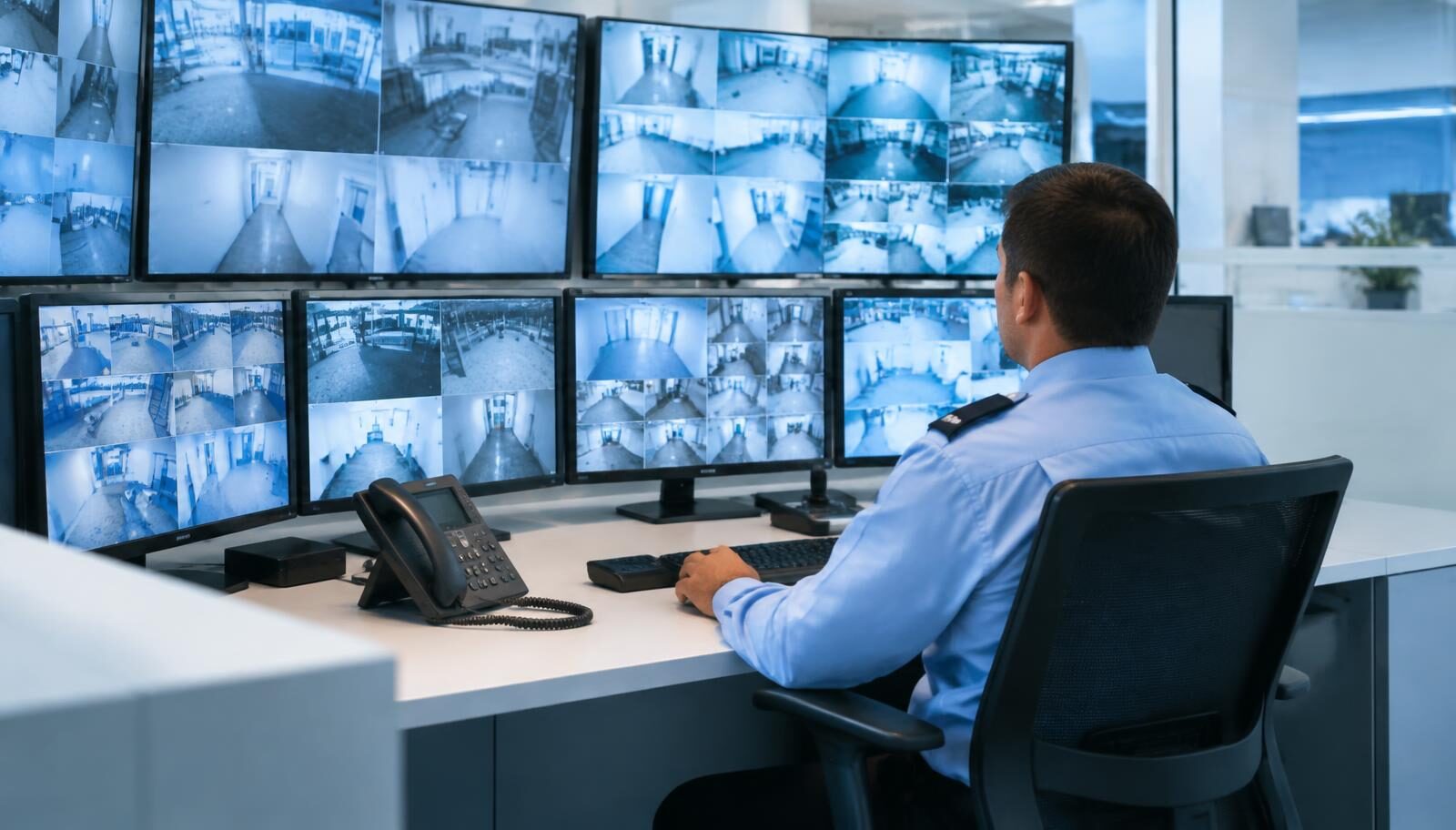 Security operator monitoring a wall of CCTV screens in a bright surveillance control room