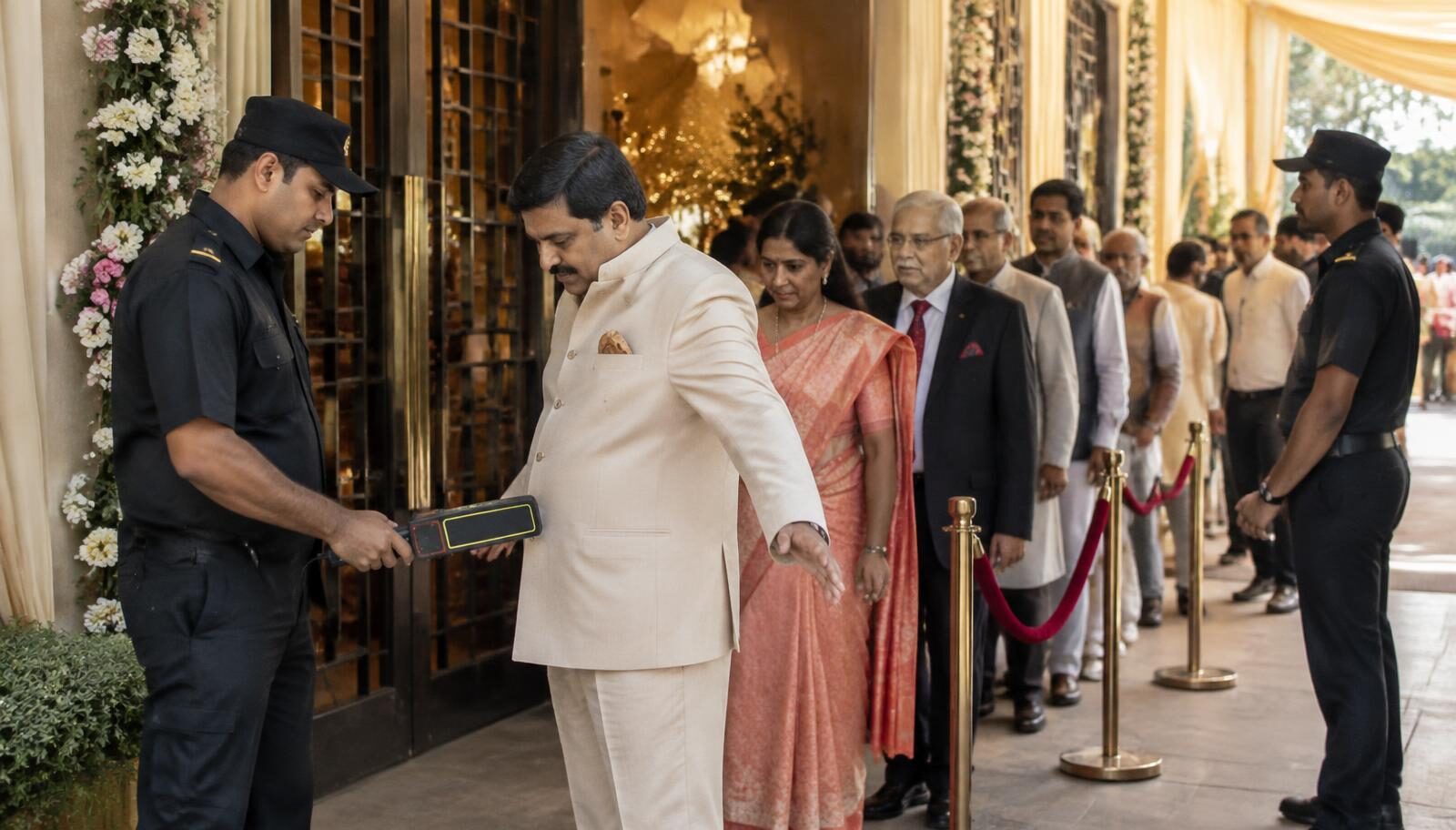 Security staff screening guests with a hand-held metal detector at the entrance of a banquet venue