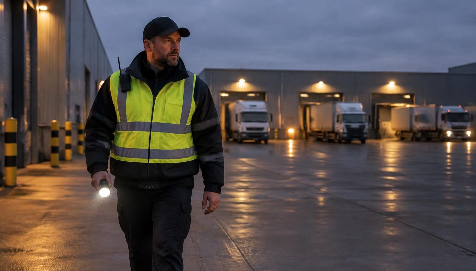 Security guard with a torch patrolling a warehouse loading yard at dusk with parked trucks