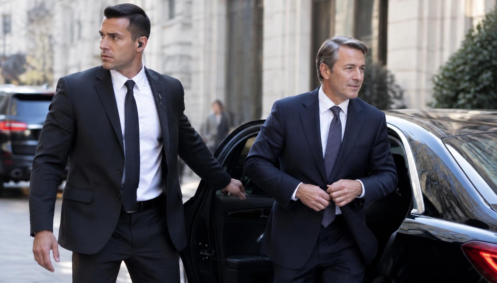 Protection officer in a dark suit escorting a business executive from a car to a building entrance